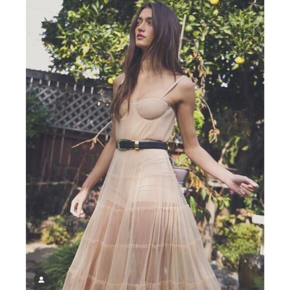 Alice + Olivia Deena Pleated Almond Maxi Dress With Hot Pant 0 NWT $660 - Picture 6 of 13